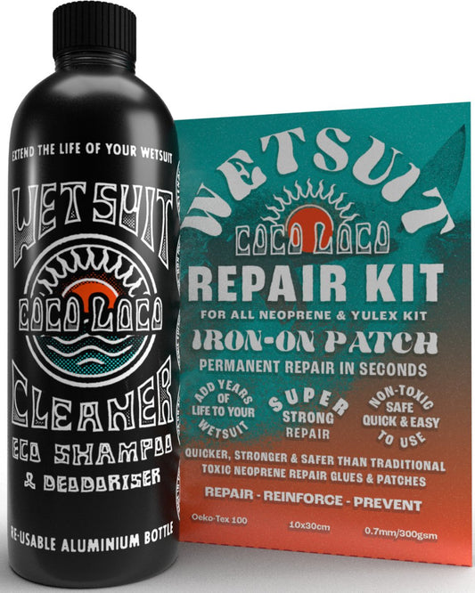 Coco Loco Wetsuit Repair Kit & Wetsuit Shampoo, Easy Iron On Patch & Cleaner For All Neoprene Wetsuits & Drysuit Kit - Coco Loco